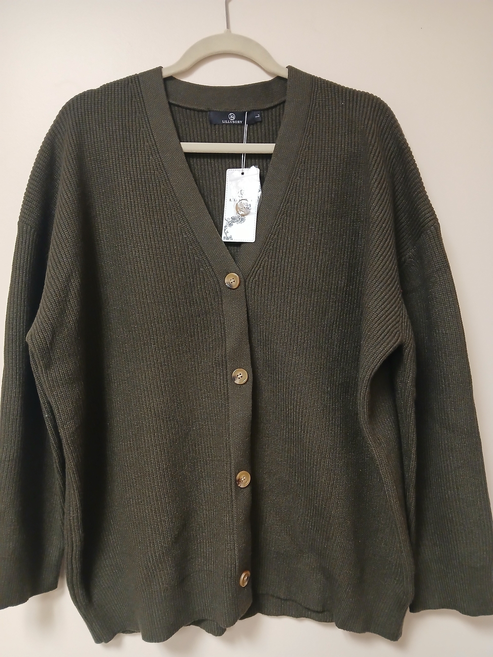 Lillusory Oversized Olive Green Ribbed Button Cardigan